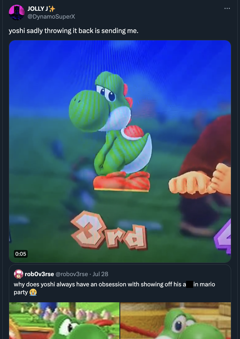 yoshi throwing it back in a melancholy way - Jolly J yoshi sadly throwing it back is sending me. 3rd robov3rse Jul 28 why does yoshi always have an obsession with showing off his a in mario party